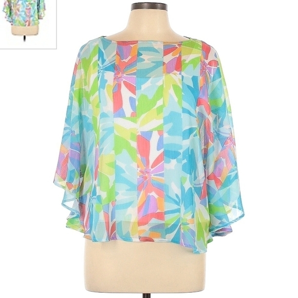 Ruby Rd. Petite Flowy Butterfly Sleeve Blouse Abstract Spring Floral Women's PL - Picture 1 of 6